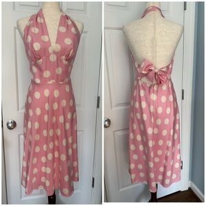 Laundry by Shelli Segal Pink Polka Dot Silk Halter Dress A-Line Retro Bow Sz 8